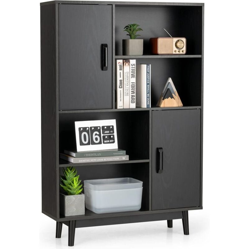 Bibliothèque, Étagère à 4 Niveaux avec 2 Portes, Meuble de Rangement avec Patins Anti-Rayures et Dispositif Anti-basculement Noir - Costway