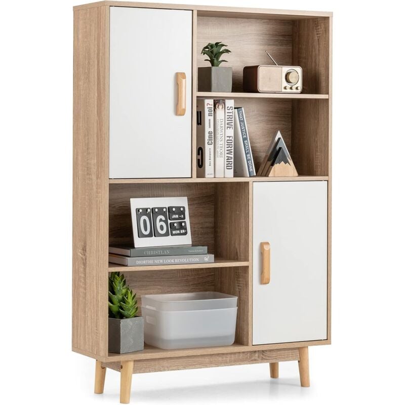 Costway - Bibliothèque, Étagère à 4 Niveaux avec 2 Portes, Meuble de Rangement avec Patins Anti-Rayures et Dispositif Anti-basculement Blanc+Naturel
