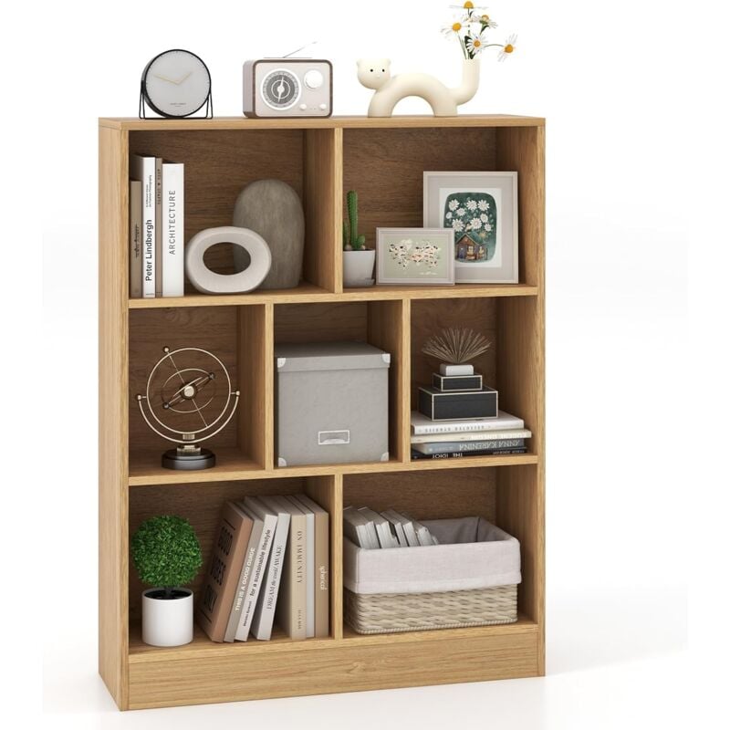 Costway - Bibliothèque Etagère à 7 Cases, Meuble de Rangement avec 2 Kits Anti-basculement, Etagère d'Affichage en Bois de 80 cm, pour Salon,