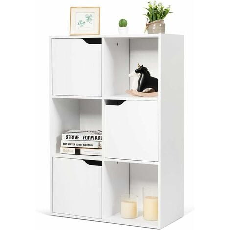 COSTWAY Bibliothèque Étagère de Rangement 6 Cases, Armoire de Rangement avec 3 Cubes Ouverts 28 x 28 cm, 3 Compartiments avec Porte, Meuble de Rangement pour Salon, Bureau, Chambre, Blanc
