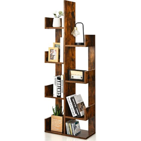 COSTWAY Bibliothèque, Étagère de Rangement à 8 Niveaux en Forme d'arbre, Dispositif Anti-basculement, Etagère à Livres pour Salon, Chambre, Bureau (Marron Rustique)