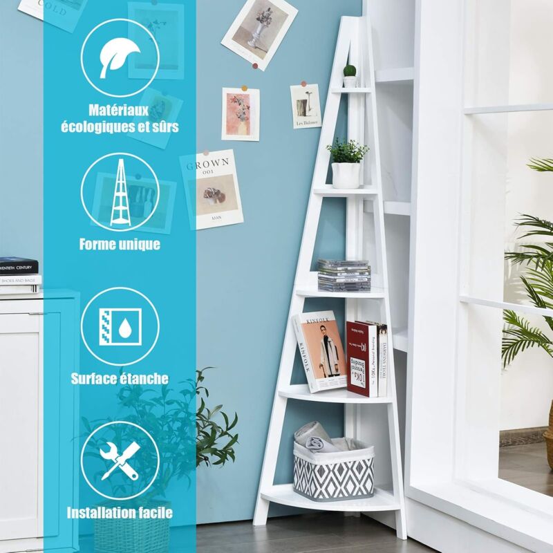 Bibliothèque / Étagère de Rangement pour Angle avec 5 Étagères Style Moderne en Bois 35x35x175 cm, Blanc pour Salon,Bureau - Costway