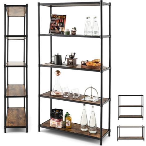 COSTWAY Bibliothèque Étagère Échelle à 5 Niveaux avec Cadre Métallique, Meuble de Rangement avec Dispositifs Anti-basculement pour pour Salon Bureau Chambre Entrée, 80x29x154cm (Noir, 5 Niveaux)