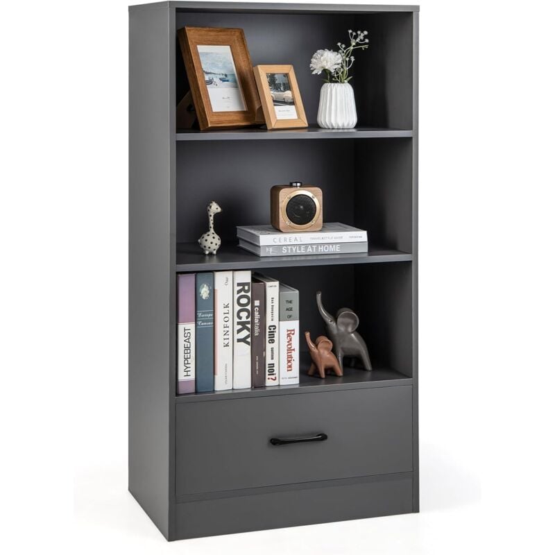 Costway - Bibliothèque Étagère en Bois à 4 Niveaux avec Grand Tiroir, Meuble de Rangement sur Pied Dispositif Anti-basculement pour Bureau, Salle