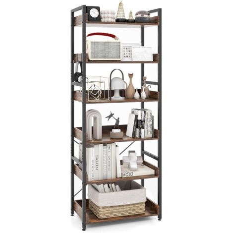 COSTWAY Bibliothèque Étagère Industrielle à 6 Niveaux, Étagère de Rangement avec 4 Crochets, Dispositif Anti-basculement, pour Salon, Bureau, Marron Rustique
