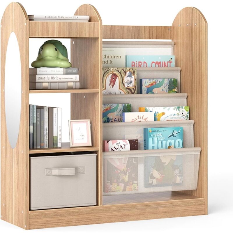 COSTWAY Bibliothèque pour enfants avec miroir, Bibliothèque pour enfants avec étagères à 4 couches, chaussure en tissu et 3 crochets, porte-journaux,
