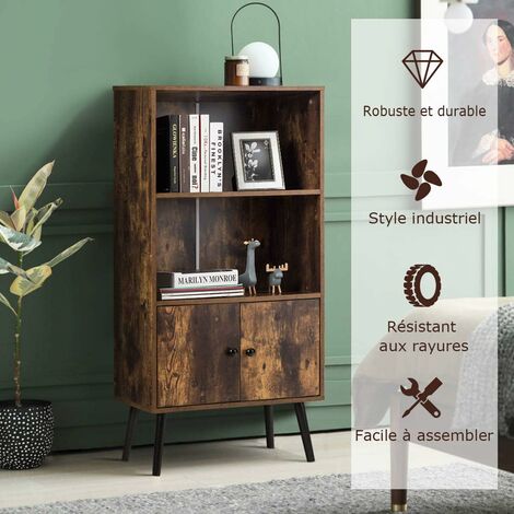 COSTWAY Bibliothèque Rustique à 3 Niveaux, avec 2 Portes, Pieds en Bois Massif