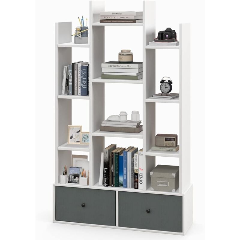 Costway - Bibliothèque à 12 Niveaux avec 2 Tiroir Amovible, Étagère 12 Compartiments pour Livres cd Manga, Dispositif Anti-Bascule Inclus, pour Salon