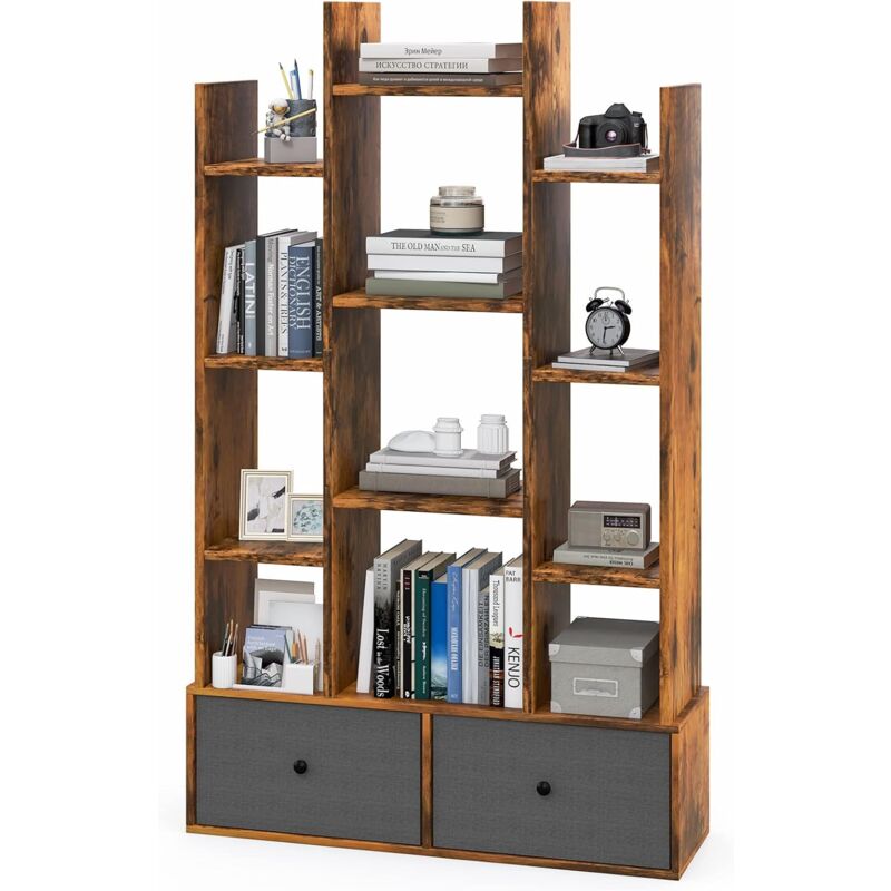 Costway - Bibliothèque à 12 Niveaux avec 2 Tiroir Amovible, Étagère 12 Compartiments pour Livres cd Manga, Dispositif Anti-Bascule Inclus, pour Salon
