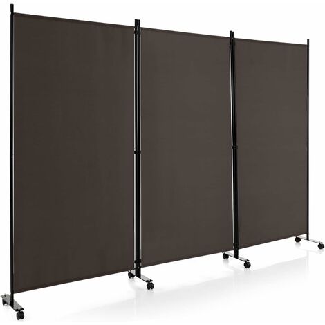 COSTWAY Biombo de Dormitorio Separador de 3 Paneles sobre Ruedas, Pantallas de Privacidad Rodantes de 180 cm de Alto, Separador de Pantalla de Tela Portátil, Separador de Espacio para Hogar (Café)