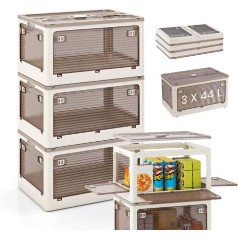 COSTWAY Boîte Rangement Plastique 132L, 3 Caisses Rangement Pliables avec Petite Roulettes, 5 Côtés Rabattables, Bac Plastique avec Couvercle pour Jouets, 3 x 44 L
