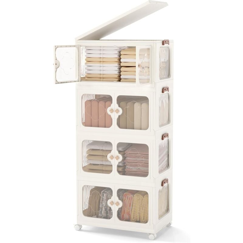 Boîte Rangement Plastique 212 l, 4 Caisses Pliables avec Couvercles, 4 Roulettes, Boite de Rangement Empilable pour Vêtement, Livres, Jouets,