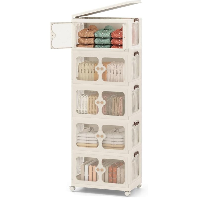 Boîte Rangement Plastique 265 l, 5 Caisses Pliables avec Couvercles, 4 Roulettes, Boite de Rangement Empilable pour Vêtement, Livres, Jouets,