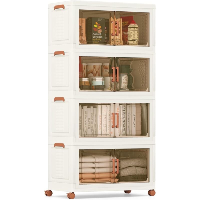Boite Rangement Plastique 280 l, 4 Caisses Rangement Pliables à Roulette, Poignée, Porte Magnétique, Boite Empilable, Rangement Vetement, Livres,