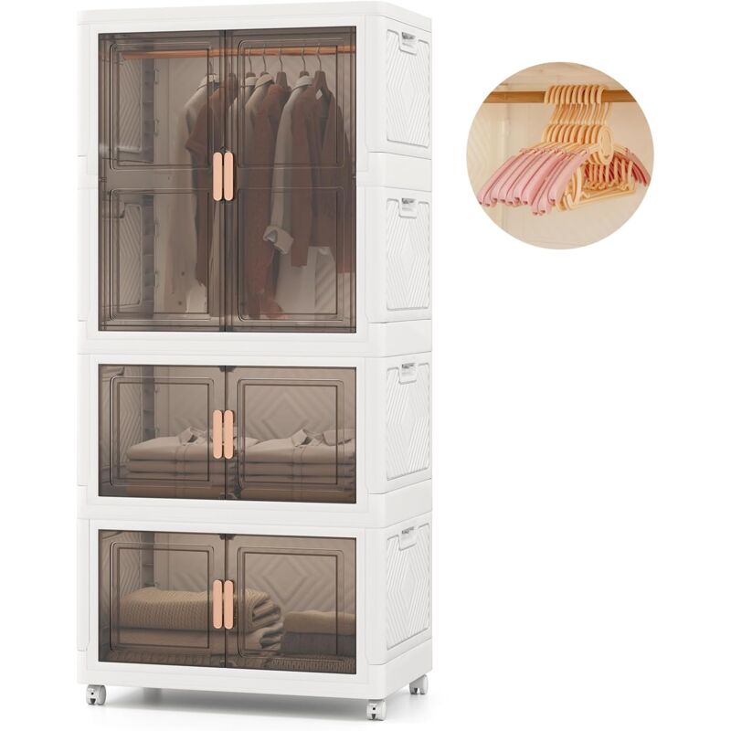 Boîte Rangement Plastique 421 l, Caisse Pliable avec 4 Roulettes, Armoire Penderie Plastique pour Enfant, Tringle, 10 Cintres, Poignée, Porte