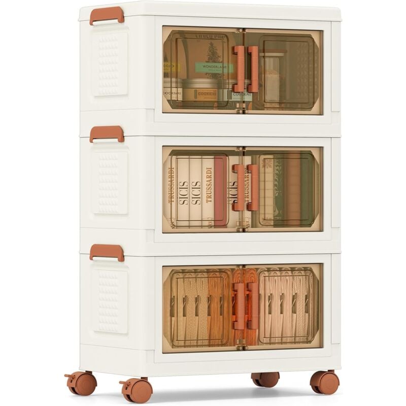Boite Rangement Plastique 57 l, 3 Caisses Rangement Pliables à Roulette, Poignée, Porte Magnétique, Boite Empilable, Rangement Vetement, Livres,