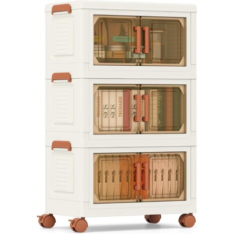 COSTWAY Boite Rangement Plastique 57 L, 3 Caisses Rangement Pliables à Roulette, Poignée, Porte Magnétique, Boite Empilable, Rangement Vetement, Livres, Jouets (57 L)