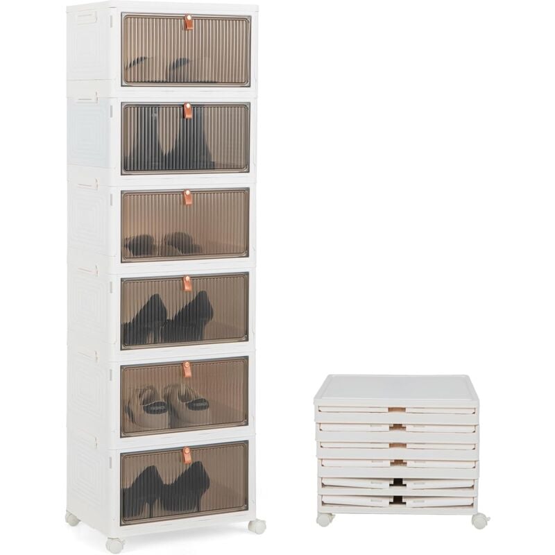 Boîte Rangement Plastique 90L, 6 Caisses de Rangement Pliables avec 4 Roulettes et Couvercles, Boite Empilable pour Chaussures, Jouets, Caisse pour