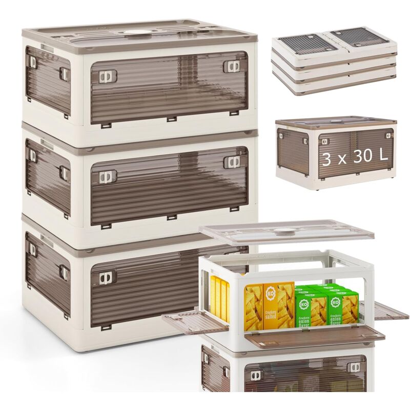 Costway - Boîte Rangement Plastique 90L, 3 Caisses Rangement Pliables avec Petite Roulettes, 5 Côtés Rabattables, Bac Plastique avec Couvercle pour