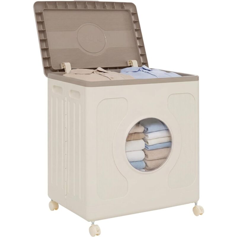 COSTWAY Boite Rangement Plastique avec Couvercle 45L, Caisse Rangement Pliable, 4 Roulettes, Fenêtre Transparente, Bac Armoire Plastique pour
