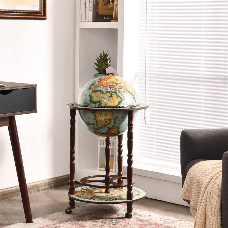 

Botellero de Vinos con Forma de Globo, Armario para Botellas de Vinos con Carta Náutica, Estante Retro de Madera - Costway