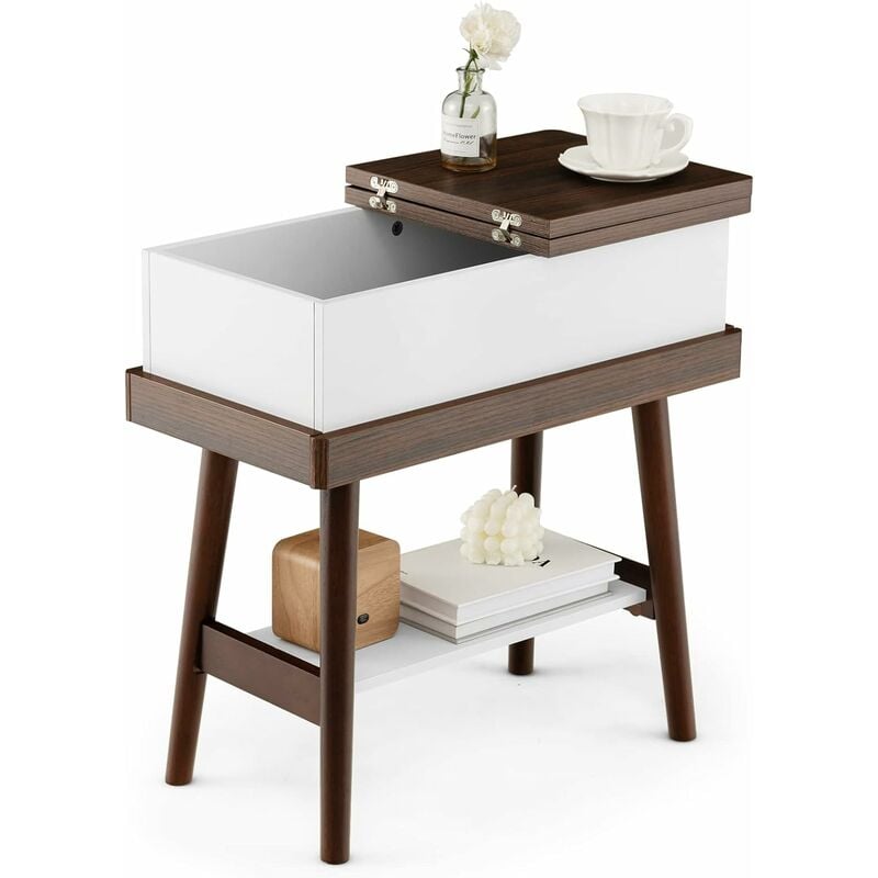 costway - bout de canapé table d'appoint plateau rabattable, table de chevet à 2 niveaux avec 4 pieds en bois en caoutchouc, taille compacte pour