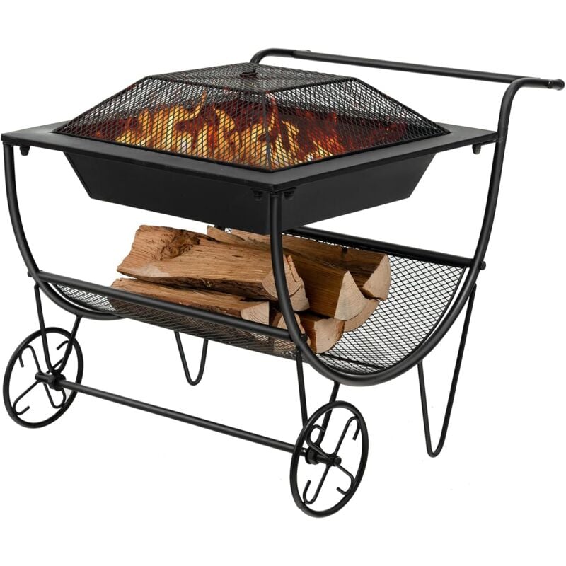 Costway - Brasero Exterieur pour Jardin, 75,5 x 58,5 x 56,5 cm, Terrasse Feu avec Support de Rangement Charge 50KG, 2 Roues Pratique Noir