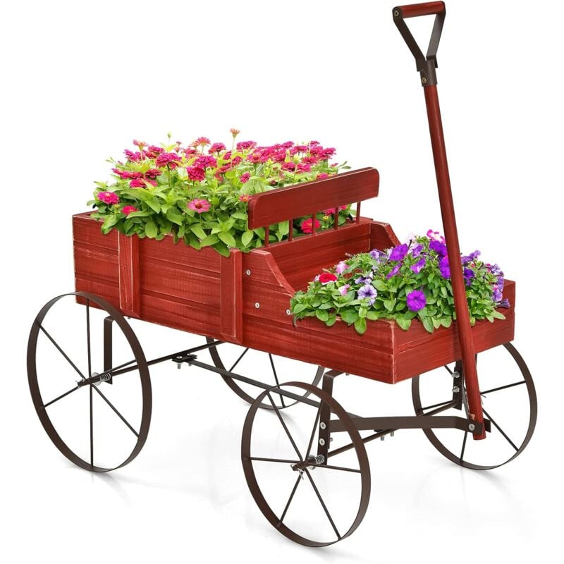Brouette Décorative en Bois avec 2 Compartiments à Planter Roues Métalliques Poignée Charge 15kg pour Cour Rouge - Costway
