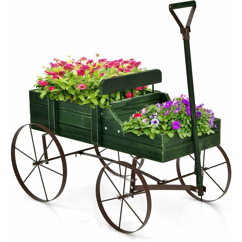 Brouette Décorative en Bois avec 2 Compartiments à Planter Roues Métalliques Poignée Charge 15kg pour Cour Vert - Costway