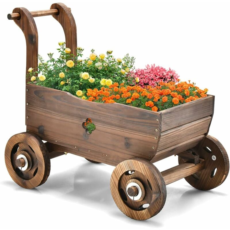 Costway - Brouette à Fleurs Jardinière en Bois de Sapin Carbonisé à Roues, Jardinière de Jardin avec Poignée et Trou de Drainage Charge 20KG, pour