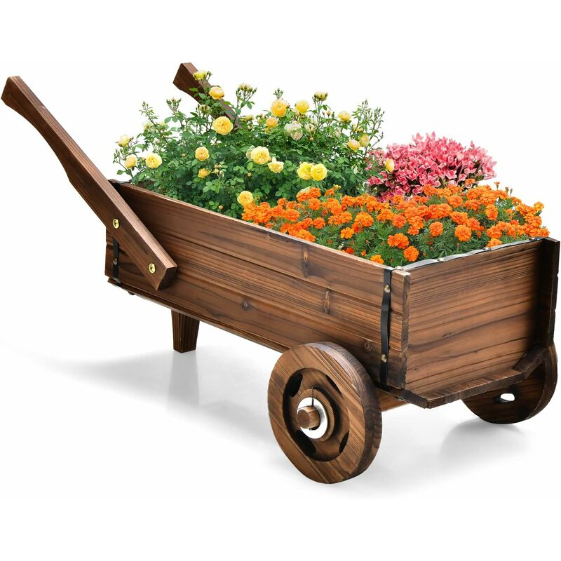 Brouette à Fleurs Jardinière en Bois de Sapin Carbonisé à Roues, Jardinière de Jardin avec Poignée et Trou de Drainage Charge 20KG, pour Patio Jardin