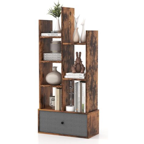 COSTWAY Bücherregal im Baumform, mit Schublade, Standregal mit 7 Fächern, Aufbewahrungsregal für Wohnzimmer, Schlafzimmer, 53 x 24 x 118 cm Vintagebraun
