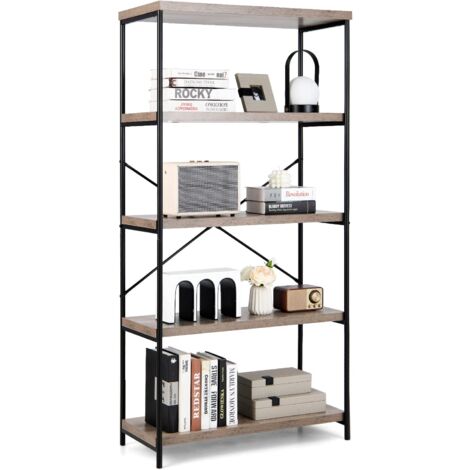 COSTWAY Bücherregal mit 5 Ebenen, Standregal mit Metallrahmen, freistehendes Regal, Büroregal für Wohnzimmer, Schlafzimmer, Arbeitszimmer, 79 x 35 x 160 cm, Industrie-Design (Greige)