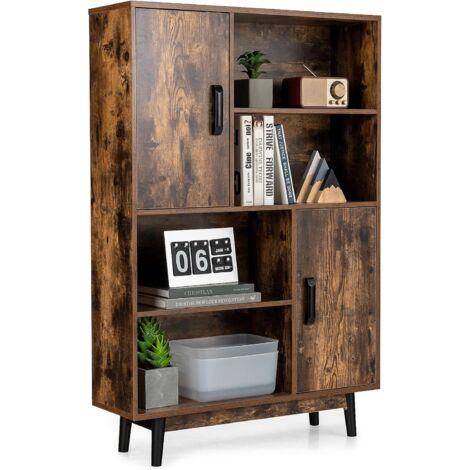 COSTWAY Bücherschrank mit 2 Türen und 4 offene Regale, Bücherregal Holz, Standregal Holzregal Aufbewahrungsregal für Wohnzimmer, Arbeitszimmer 80x24x120cm Kaffee