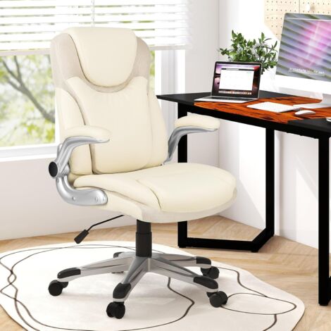 COSTWAY Bürostuhl, ergonomischer Chefsessel mit klappbaren Armlehnen, Schreibtischstuhl aus Kunstleder mit Wippfunktion, höhenverstellbarer Drehstuhl, Computerstuhl bis 160 kg belastbar, Beige