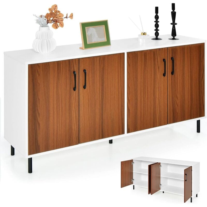 Buffet Bas - 4 Portes, 5 Pieds Métalliques -148x40x75,5CM- Meuble de Rangement - Dispositif Anti-basculement - Salon/Cuisine - Costway