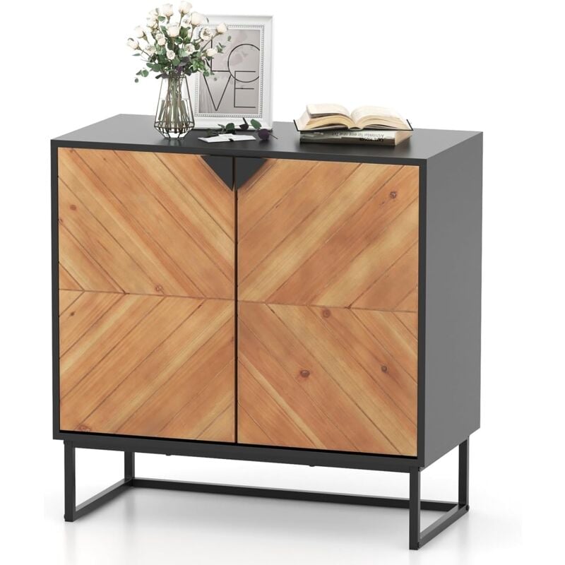 Costway - Buffet Bas, Armoire Commode avec 2 Portes Bois en Placage de Sapin, Etagère, Pieds en Métal, 2 Compartiments, Moderne, Meuble Cuisine