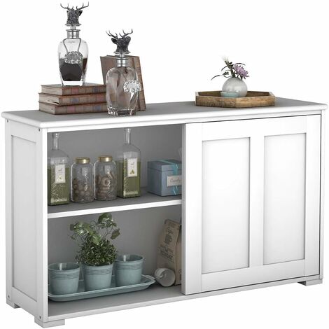 Costway – Buffet bas contemporain laqué 106,7x33x62,5cm – MDF blanc antique – Conception coulissante silencieuse – Rangement optimisé cuisine/salon