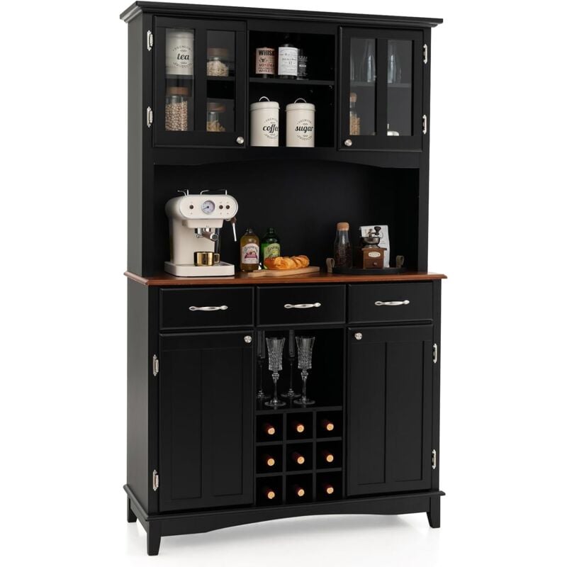 Buffet Cuisine 185 cm, Armoire Cuisine 3 Tiroirs et 4 Placards à Porte, Support pour Micro-Onde, Meuble Cuisine Rangement 3 Compartiments Ouverts, 9