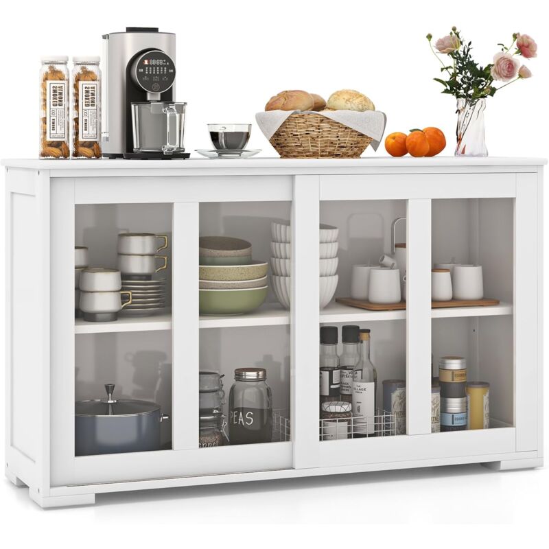 Buffet Cuisine, Armoire Cuisine avec 2 Etagères, 2 Portes Coulissantes en Verre, Meuble Bas Cuisine pour Salon, 107 x 33 x 64 cm (Blanc) - Costway