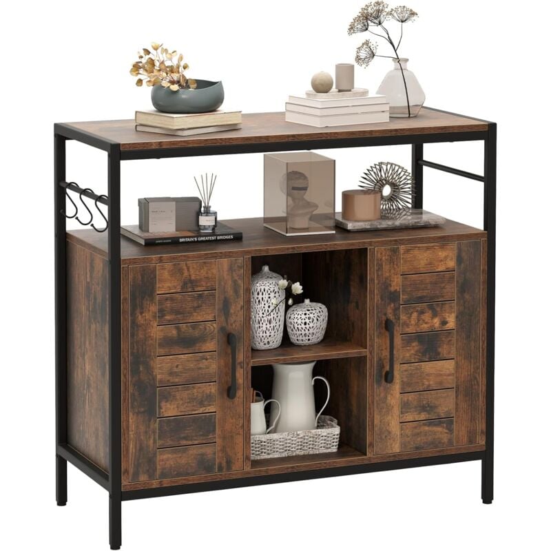 Costway - Buffet Cuisine, Armoire Cuisine avec 2 Portes, Compartiments Ouverts, Étagères Ajustables, 3 Crochets, Meuble Cuisine Rangement Industriel