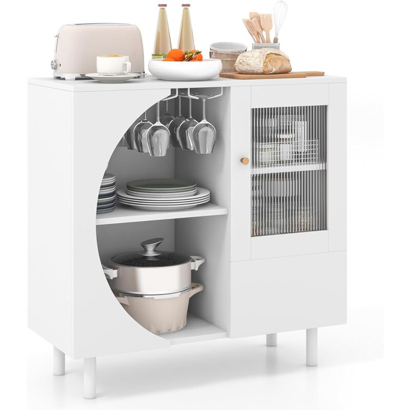 COSTWAY Buffet Cuisine avec 2 Rangées de Porte-Verre à Vin, Buffet Salon Blanc avec 3 Portes, Grand Compartiment, Design Compact, Armoire Cuisine, 80