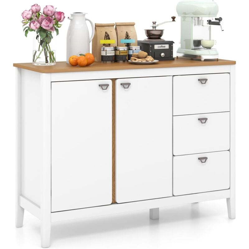 Costway - Buffet Cuisine Bois, Armoire Commode 3 Tiroirs, Grand Placard 2 Portes, Étagère Réglable, Plateau Bois, Poignée en Métal, 5 Pieds de
