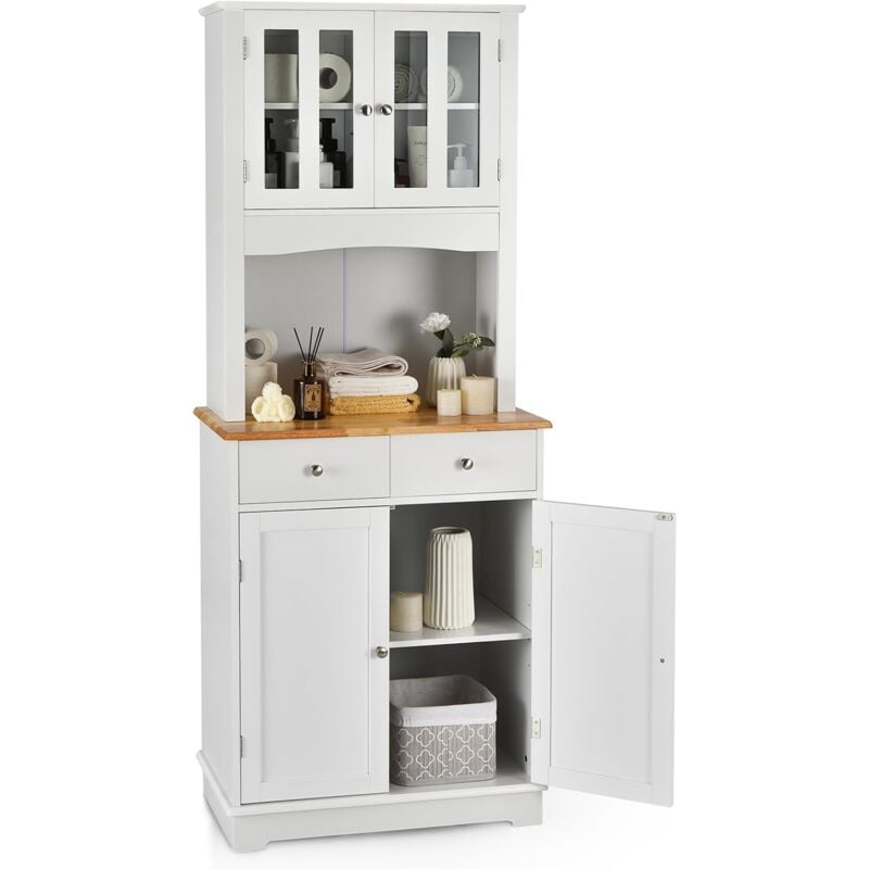 Buffet Cuisine, Buffet Haut 2 Tiroirs et 2 Placards, 2 Portes vitrées, Grand Compartiment avec Passe-câble, Meuble Cuisine Rangement, Étagères