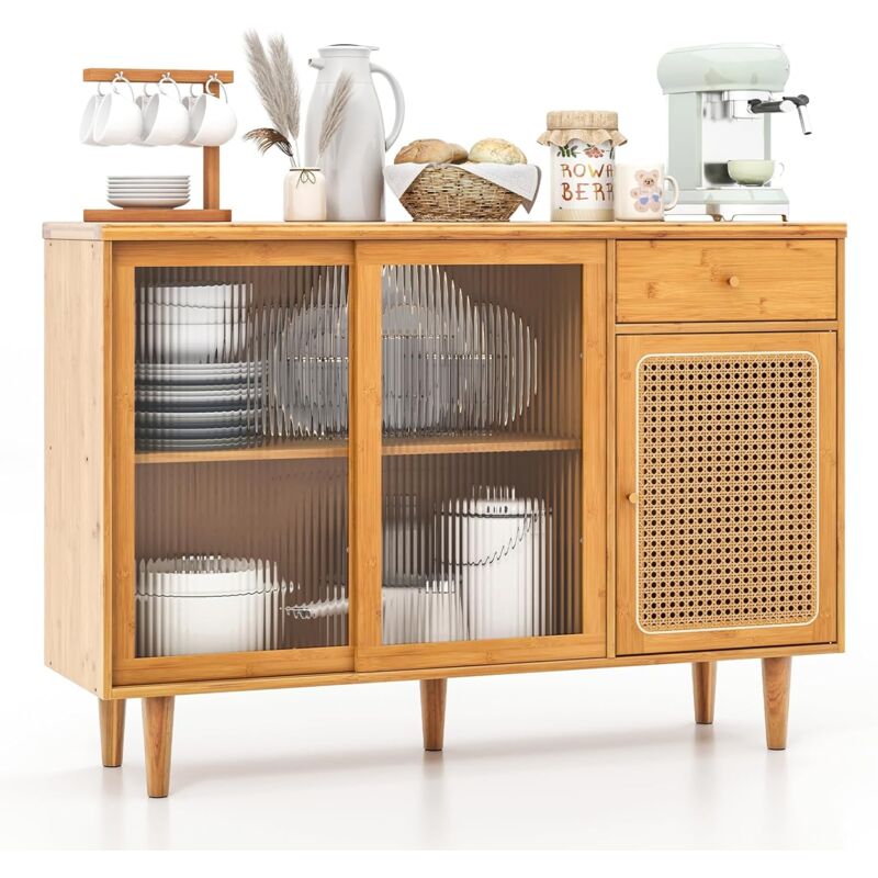 Buffet Cuisine en Bambou, Armoire de Rangement avec Tiroir, Portes Coulissantes en Verre Trempé, Meuble de Rangement en Rotin, Placard à Porte
