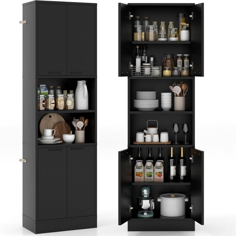 Buffet Cuisine Haut 190 cm, Meuble de Cuisine Rangement, 2 Placard Rangement, 2 Doubles Portes, 6 Etagères, Kits Anti-Basculement, Armoire Rangement