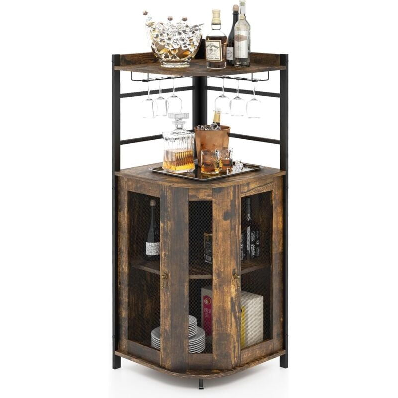 Costway - Buffet Cuisine Industriel, Armoire Cuisine avec Étagère d'Angle Réglable et Placard à Porte en Maille Métallique, Porte-Verres, Kit