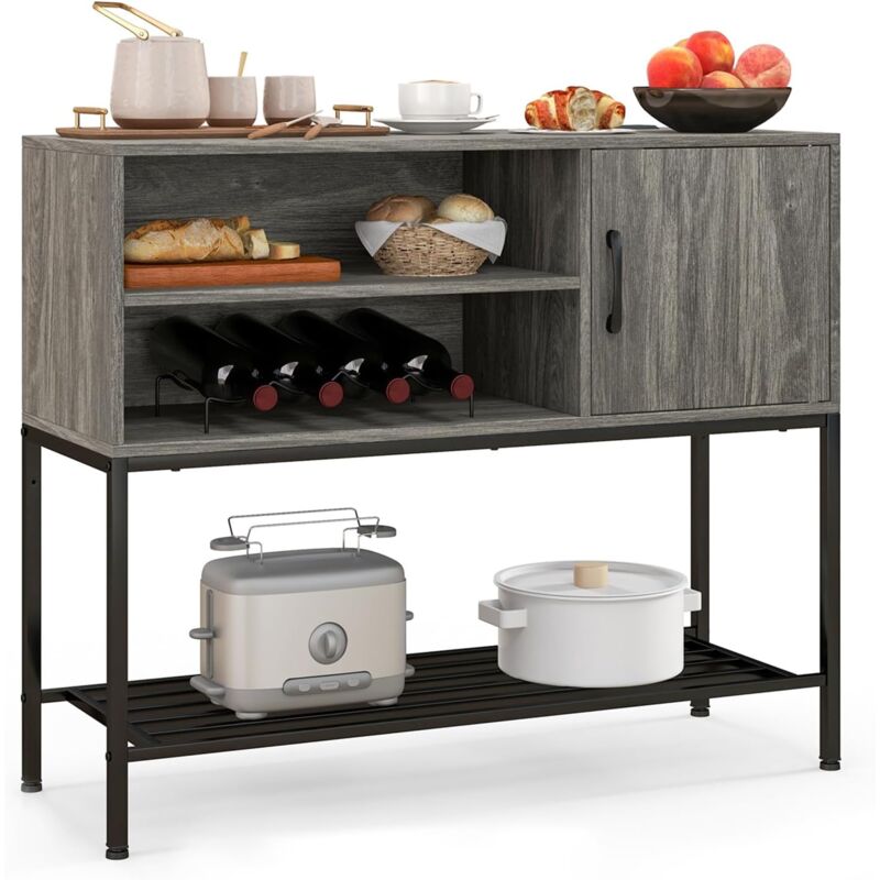 Costway - Buffet Cuisine, Meuble de Bar à Vin avec Cassier à Vin & Étagères de Rangement, Armoire en Bois avec Cadre Métallique pour Salle à Manger,