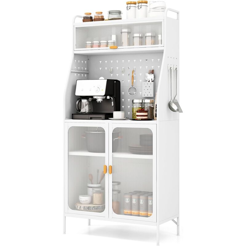 Costway - Buffet Cuisine Rangement, Armoire de Rangement avec Panneau Perforé, 2 Placards à Portes Transparentes, 8 Crochets, 1 Panier Suspendu,