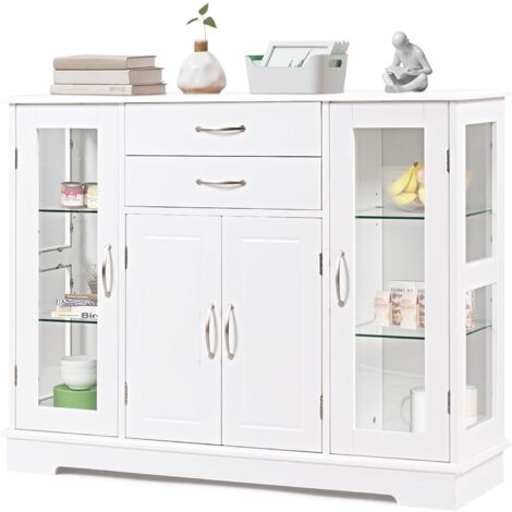 Costway – Buffet de cuisine 107 x 30 x 82 cm – Panneaux de particules et verre trempé – 3 compartiments et 2 tiroirs – Meuble moderne pour salon et cuisine
